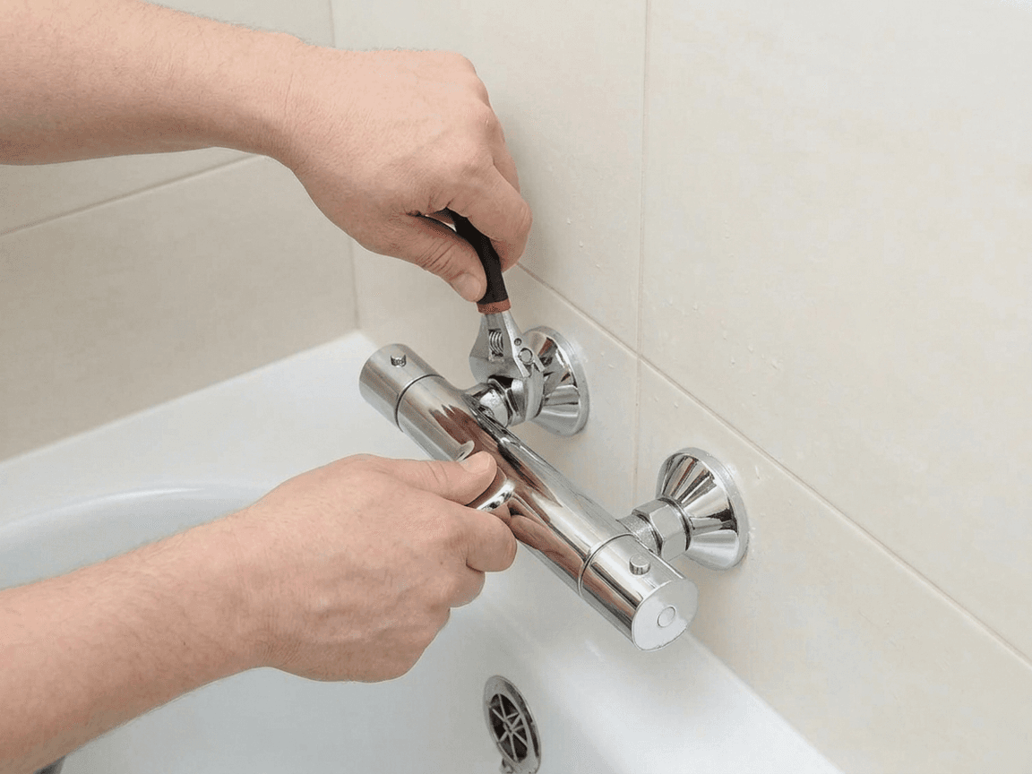 Plombier réparant une robinetterie de salle de bain